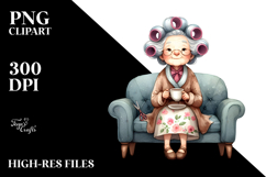 Watercolor Old Lady Sitting on Sofa | Sublimation Clipart Product Image 2