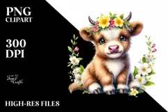 Cute Baby Highland Cow Smiling Primrose Wreath | Sublimation Product Image 3