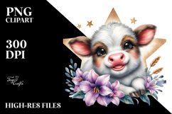 Cute Highland Cow with Lobelia on Star PNG Product Image 1