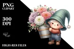 Watercolor Cute Baby Gnome with Chrysanthemum Frame PNG Product Image 2