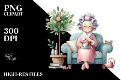 Watercolor Old Lady Sitting on Couch | Sublimation Clipart Product Image 2