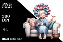 Watercolor Old Lady Sitting on Couch | Sublimation Clipart Product Image 2