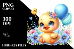Cheerful Baby Duck with Blue Flowers | Sublimation | Clipart Product Image 1