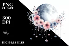 Vibrant Moon and Stars with Flowers, Transparent PNG Product Image 1
