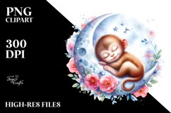 Baby Monkey Sleeping on the Moon with Flowers | Clipart Product Image 2