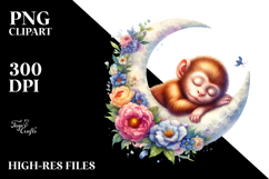Baby Monkey Sleeping on the Moon with Flowers | Clipart Product Image 2
