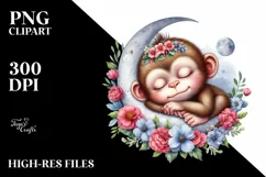 Baby Monkey Sleeping on the Moon with Flowers | Clipart Product Image 3