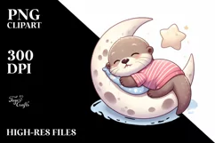 Cute Baby Otter Sleeping on the Moon | Clipart Product Image 1
