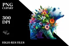 Abstract Vibrant Watercolor Bear with 3D Flowers PNG Product Image 1