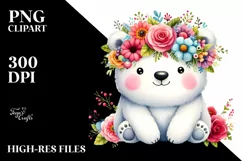 Cartoon-Style Polar Bear with Flower Crown, Transparent PNG Product Image 1
