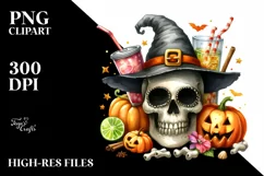 Funny Watercolor Halloween Skull Clipart Product Image 1