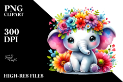 Cute Baby Elephant with Flower Crown, Transparent PNG Product Image 2