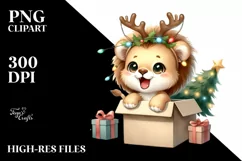 Expressive Lion with Reindeer Horns PNG Product Image 1