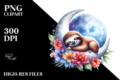 Baby Sloth Sleeping on the Moon with Flowers | Clipart Product Image 2