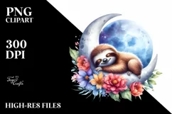 Baby Sloth Sleeping on the Moon with Flowers | Clipart Product Image 1