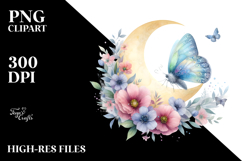 Vibrant Butterfly on Moon with Flowers Sticker Clipart Product Image 2