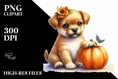 Cute Baby Puppy Holding Pumpkin, PNG Product Image 3