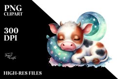 Colorful Small Baby Cow Sleeping Moon Whimsical Clipart Product Image 1