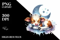 Colorful Small Baby Cow Sleeping Moon Whimsical Clipart Product Image 3