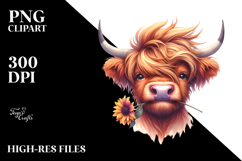 Funny Highland Cow with Flower in Mouth PNG Product Image 2