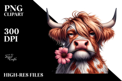 Funny Highland Cow with Flower in Mouth PNG Product Image 2