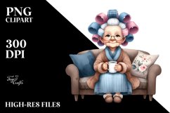 Watercolor Old Lady Sitting on Couch | Sublimation Clipart Product Image 1