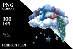 Vibrant Watercolor Peacock Sleeping on Cloud with Hanging Product Image 2