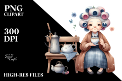 Watercolor Character Sitting on Bench with Tea Cup | Product Image 2