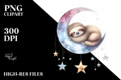 Vibrant Watercolor Pastel Baby Sloth Sleeping on Moon with Product Image 3
