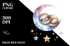 Vibrant Watercolor Pastel Baby Sloth Sleeping on Moon with Product Image 2