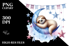 Vibrant Watercolor Pastel Baby Sloth Sleeping on Moon with Product Image 2