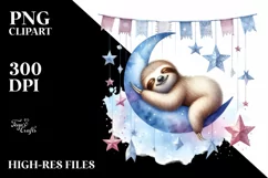 Vibrant Watercolor Pastel Baby Sloth Sleeping on Moon with Product Image 4