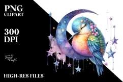 Watercolor Baby Hummingbird Sleeping on the Moon Clipart Product Image 2