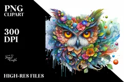 Vibrant Owl with Flowers and Splashes, PNG Product Image 3