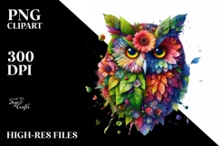 Vibrant Owl with Flowers and Splashes, PNG Product Image 3