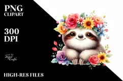 Watercolor Sloth with Flower Crown PNG Product Image 1