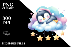 Vibrant Watercolor Pastel Cute Penguin Sleeping on Cloud Product Image 2
