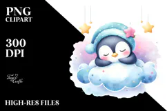Vibrant Watercolor Pastel Cute Penguin Sleeping on Cloud Product Image 2