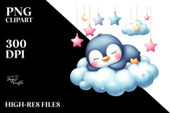 Vibrant Watercolor Pastel Cute Penguin Sleeping on Cloud Product Image 2