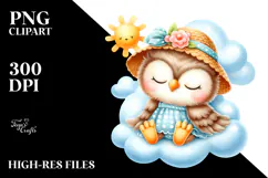 Watercolor Cute Baby Owl Dressed for Summer Sleeping on Product Image 2