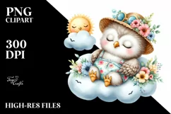 Watercolor Cute Baby Owl Dressed for Summer Sleeping on Product Image 3