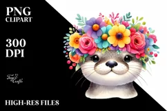 Watercolor Otter with Flower Crown PNG Product Image 3