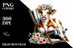 Adorned Young Cow with Flowers | Beach Chair | Clipart Product Image 1