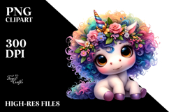 Baby Unicorn with Floral Wreath in Style PNG Product Image 2