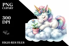 Baby Unicorn Gardening on a Cloud | Sublimation Clipart Product Image 1
