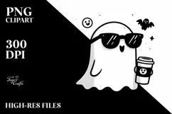 Halloween Cute Ghost with Coffe and Sunglasses PNG Product Image 1