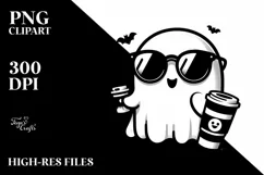Halloween Cute Ghost with Coffe and Sunglasses PNG Product Image 3