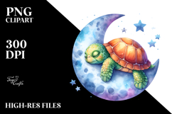 Vibrant Watercolor Baby Turtle Dressed Sleeping on Moon Product Image 2
