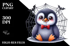 Baby Penguin in Front of Spider Web with Vampire Fangs Product Image 2