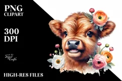 Watercolor Highland Cow Ranunculus Clipart Product Image 1
